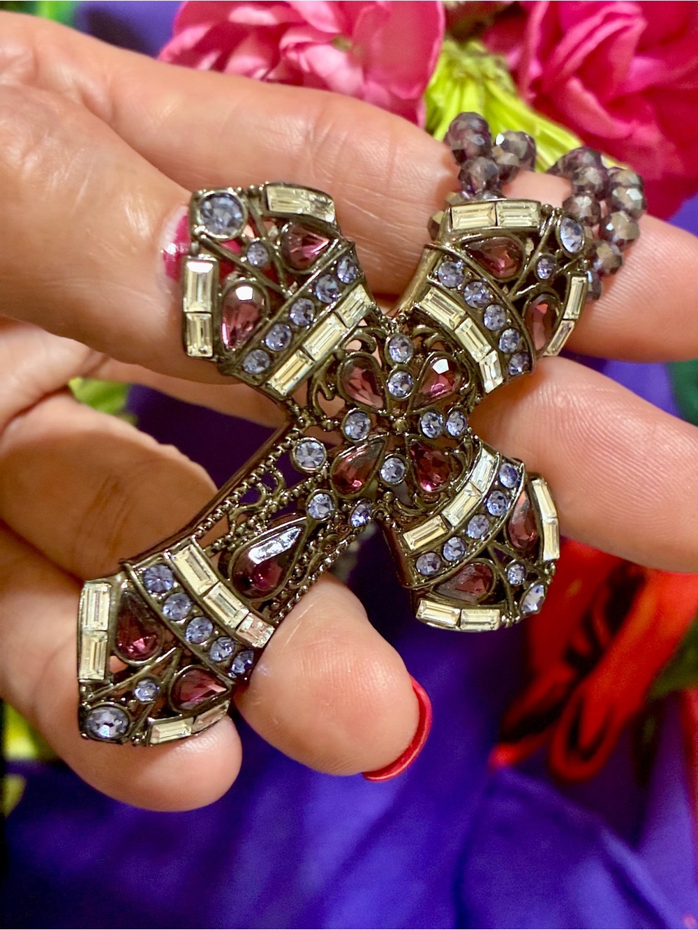 Real Collectibles by Adrienne Purple & Fuchsia Cross Pendant, crystal strand. - Picture 3 of 6